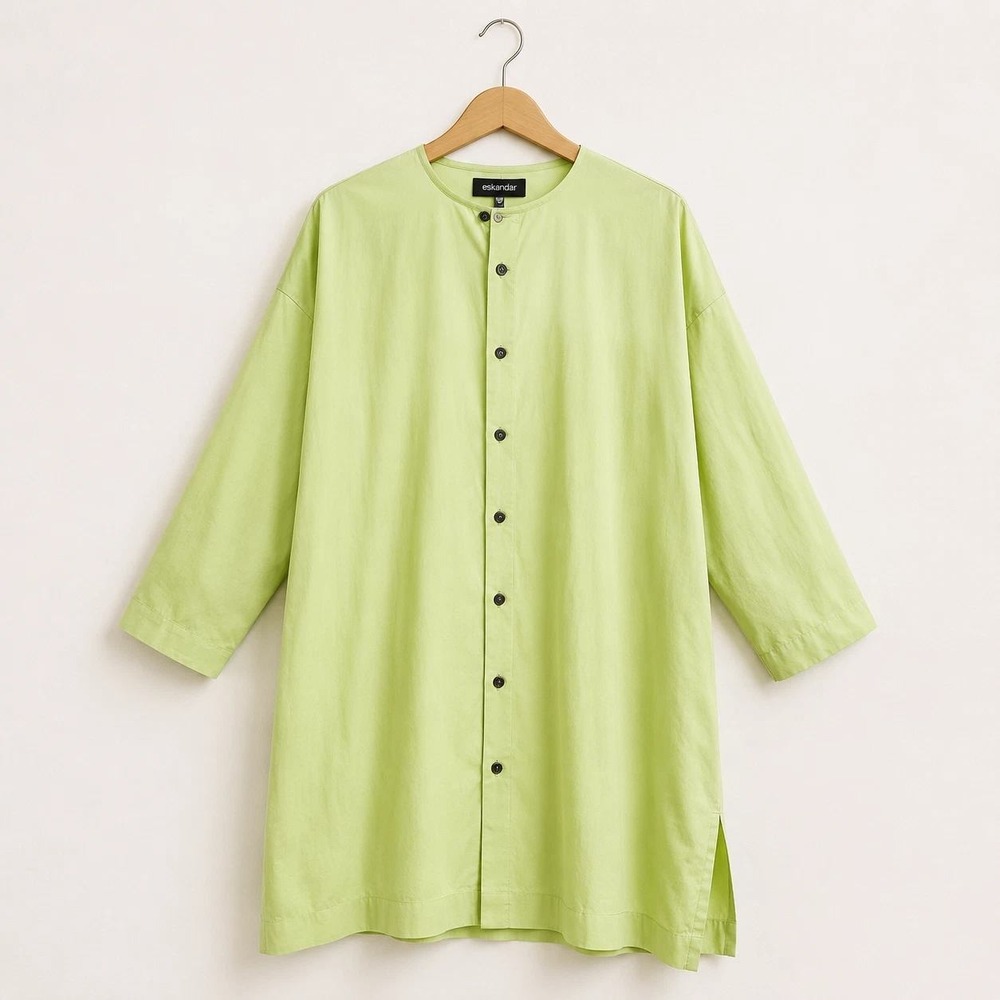 NWT eskandar Button Down Tunic Women Size 0 Green Cotton Long Sleeve Oversized